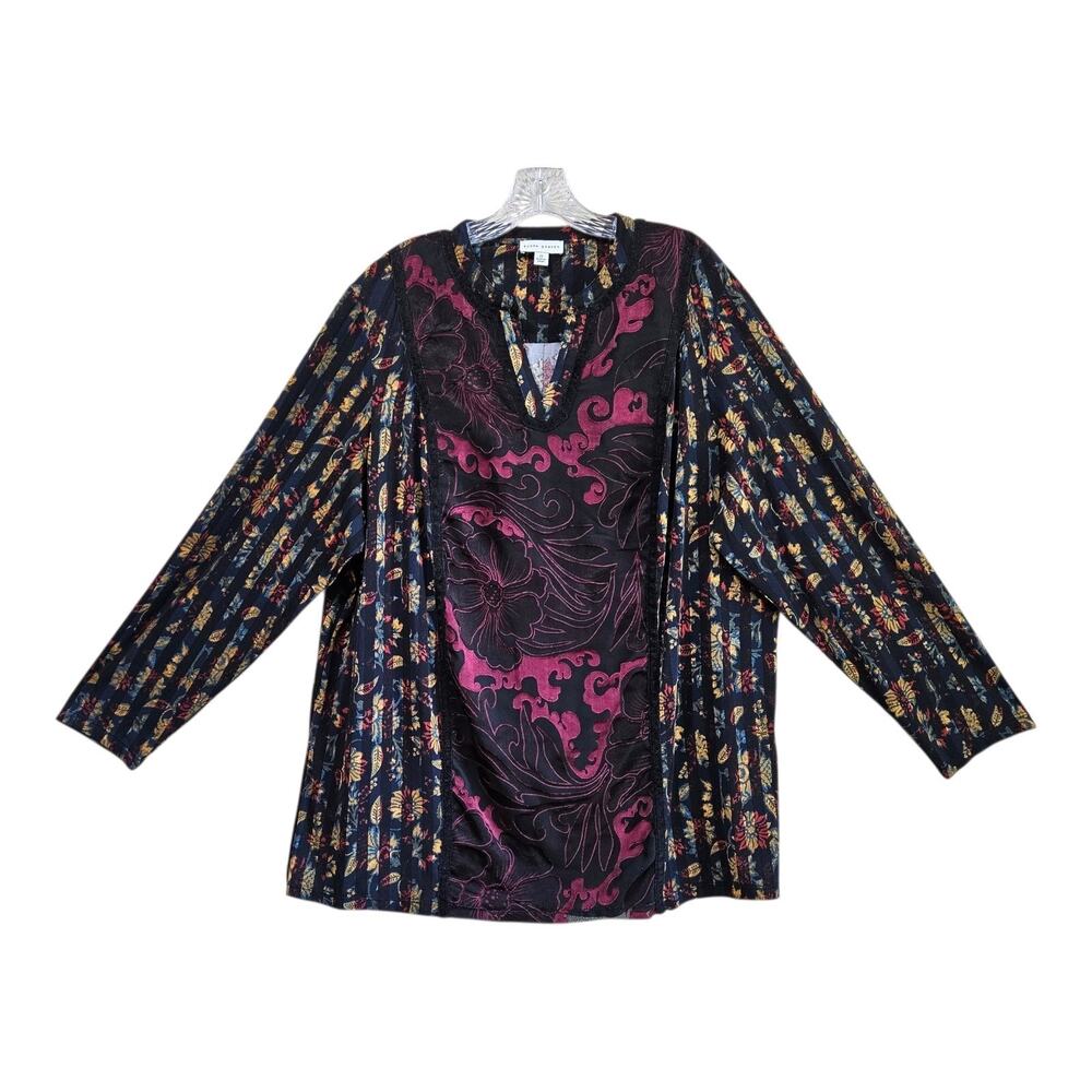 SUSAN GRAVER Women Plus 2X Tunic Blouse Black Burgundy Mixed Patterns Boho 52"